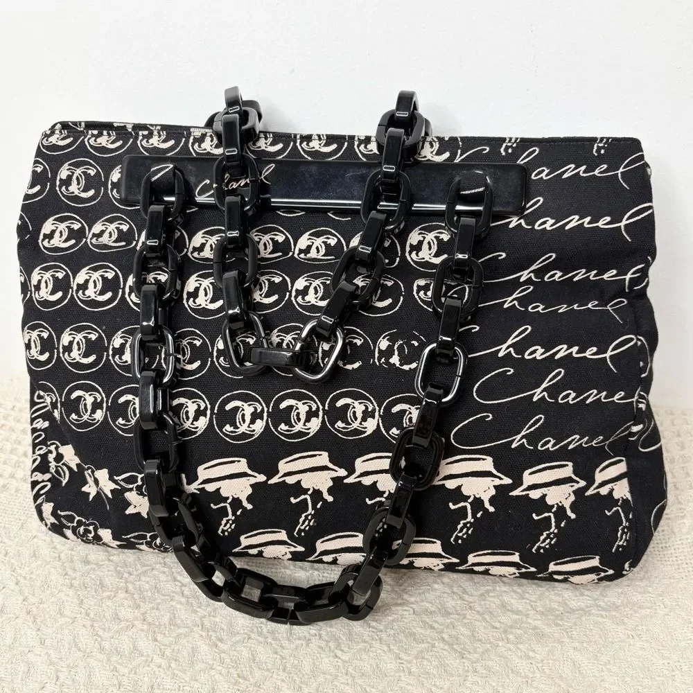 Y2K Vintage CHANEL Canvas Camellia Flower Tote Authentic Acrylic Chain Strap